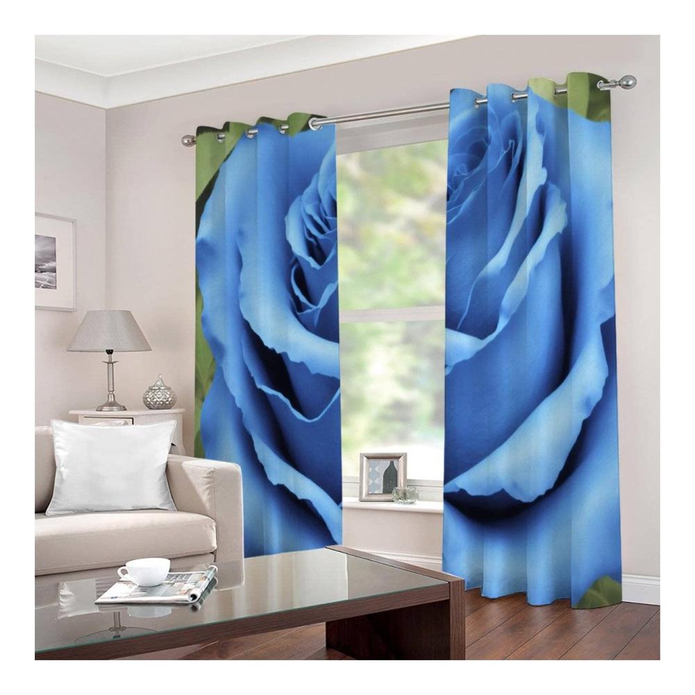 Romantische Blaue Rosen Gardinenschals - 2 Stück Blickdichte Vorhänge mit Ösen für Wohn- und Kinderzimmer - Verdunkelungsvorhang 234x137cm