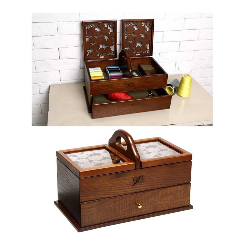 Vintage Nähkorb aus Holz | Aufbewahrungskoffer für Nähzubehör | Retro-Organizer mit Freischwinger-Design | Handgefertigter Nähkorb mit Charme der alten Welt | Stilvoller Holzkorb für Nä