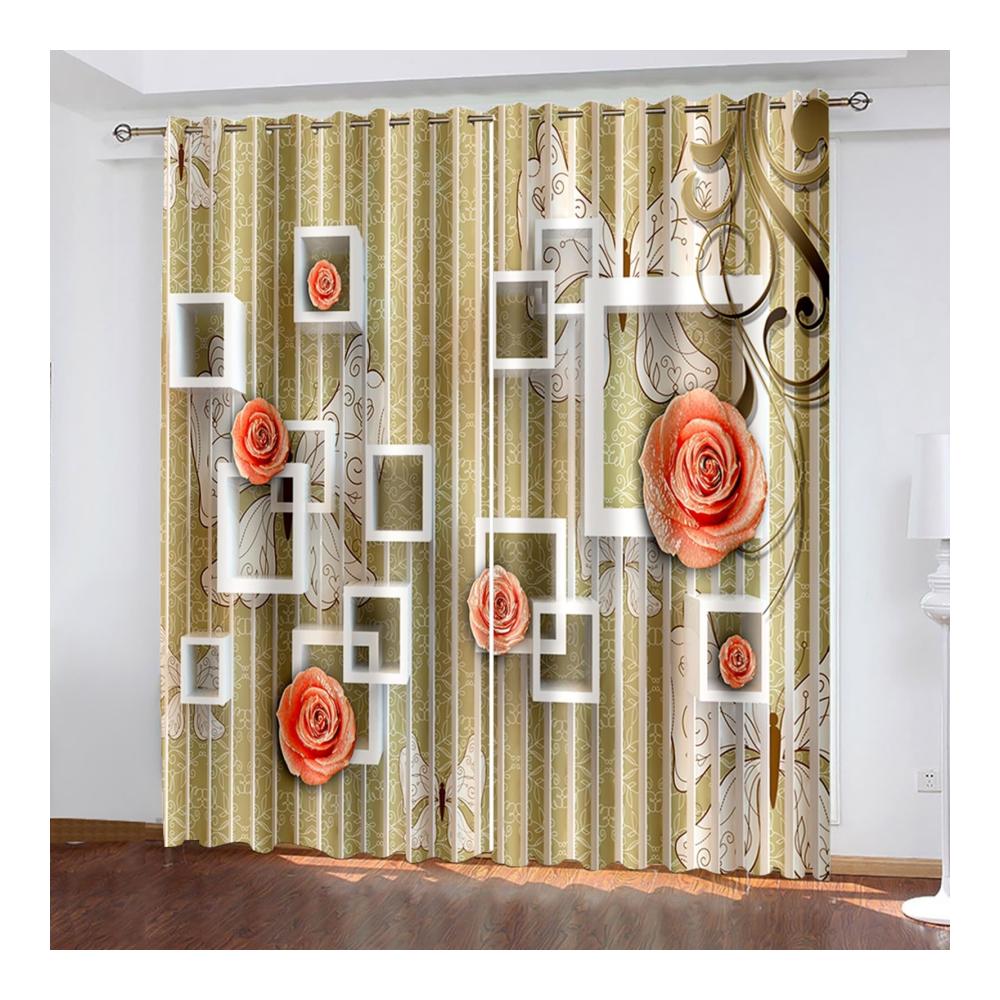 Exotische Blumen und Bäume 2er Set Goldgrau Scheibengardinen & Kurzstores - Skcess Fenster Vorhänge aus Polyester 107x214cm (WxH