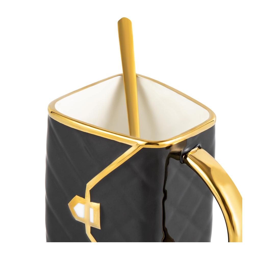 Luxus Cappuccino Tassen Untertassen Set mit Löffel - 310ml Handtasche Design Porzellan & Keramik für Kaffee & Tee Schwarz & Gold