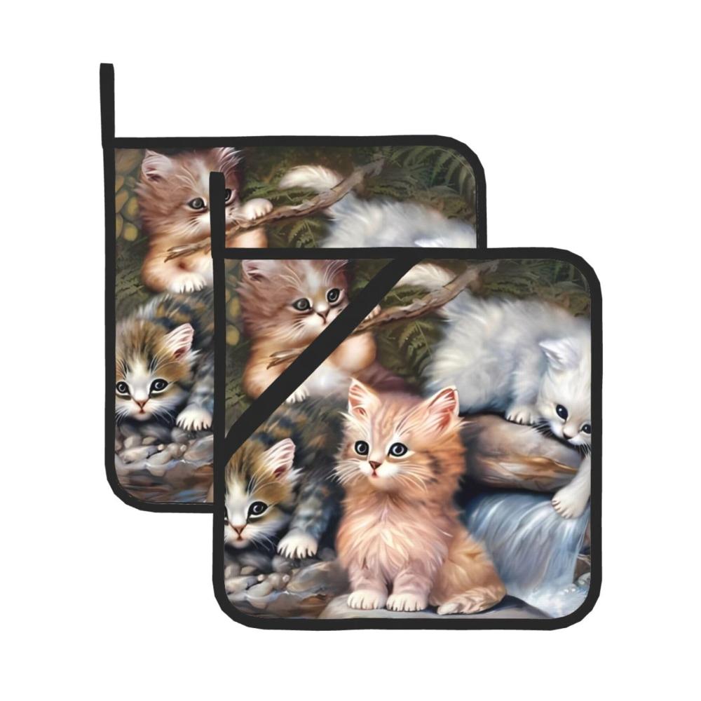 Niedliche Katzenmotiv Topflappen & Ofenhandschuhe Set - Hitzebeständig & Rutschfest für Küche Kochen Backen & Grillen - Praktische Taschen - 2 Stück
