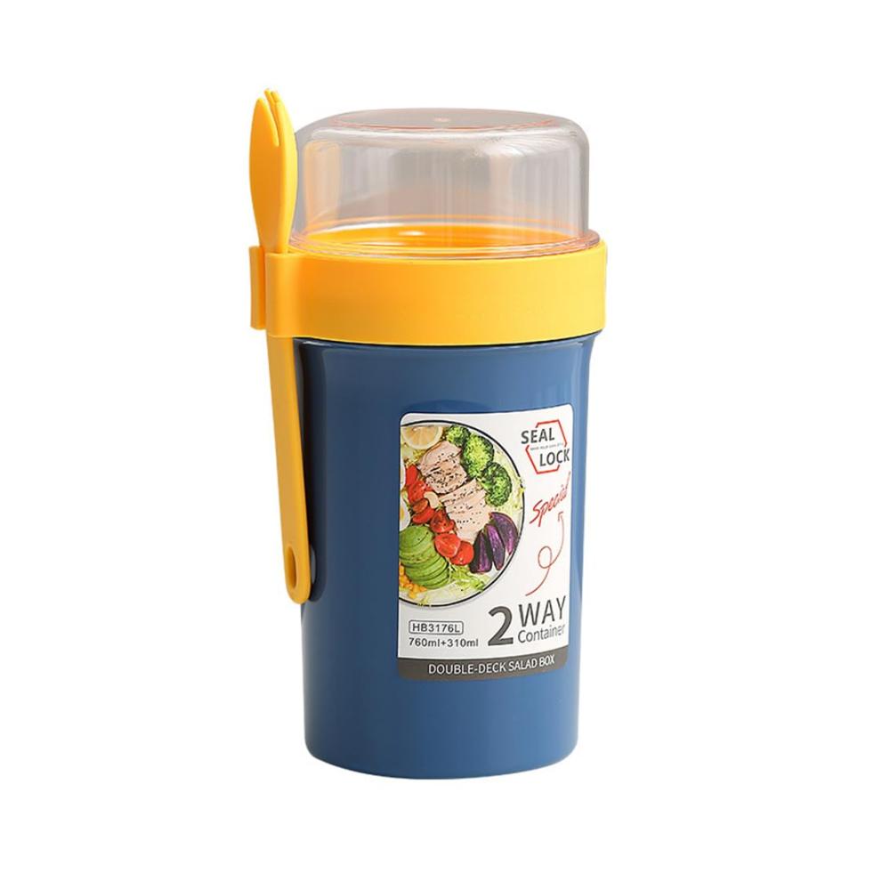 Frühstücks-Müslibecher wiederverwendbarer Haferbehälter mit Löffel | Obstsalatbecher mit Deckel | Brei-Glas für Schule Büro Reisen Picknick – 230 ml 760 ml (blau