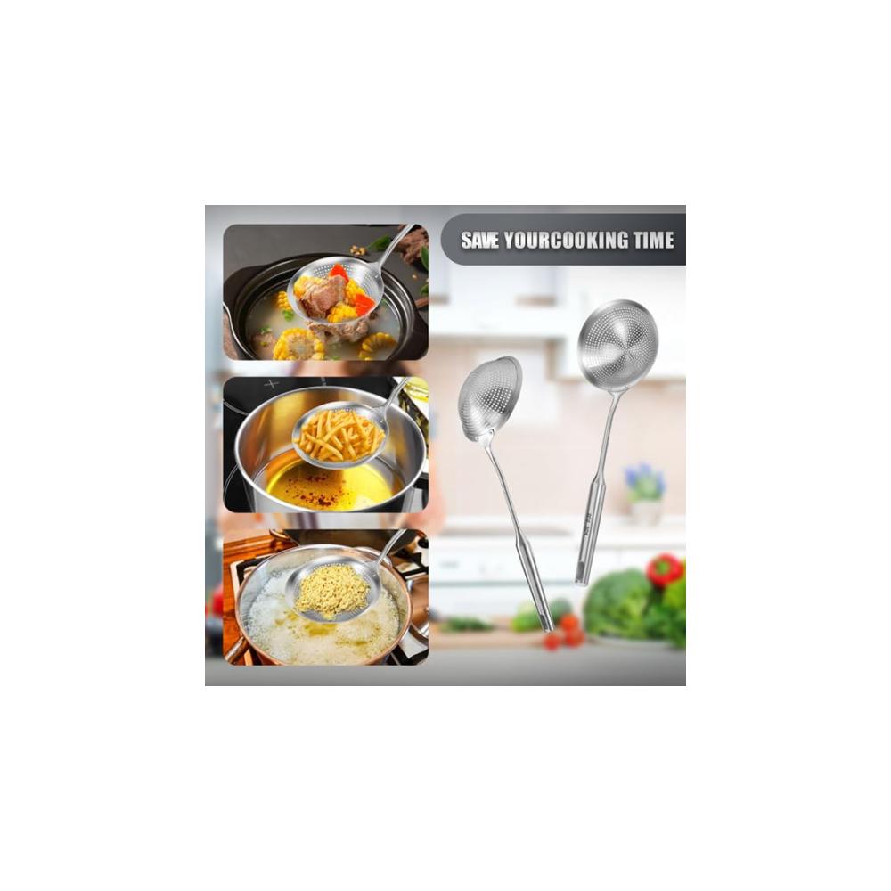 Schaum- & Abseihlöffel Edelstahl 42 * 14cm | Multifunktionale Schöpfkelle für Suppen Nudeln & Frittiertes | Hitzebeständiger Griff | Leicht zu reinigen