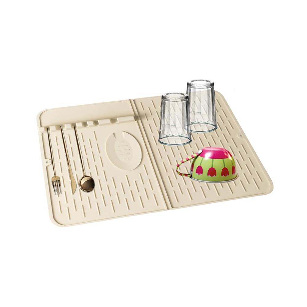 Abtropfhalter & -ständer Faltbare Silikon Abtropfmatte 47x34cm Beige - Hitzebeständige Trocknungsmatte für Tisch & Küchenutensilien - Besteck