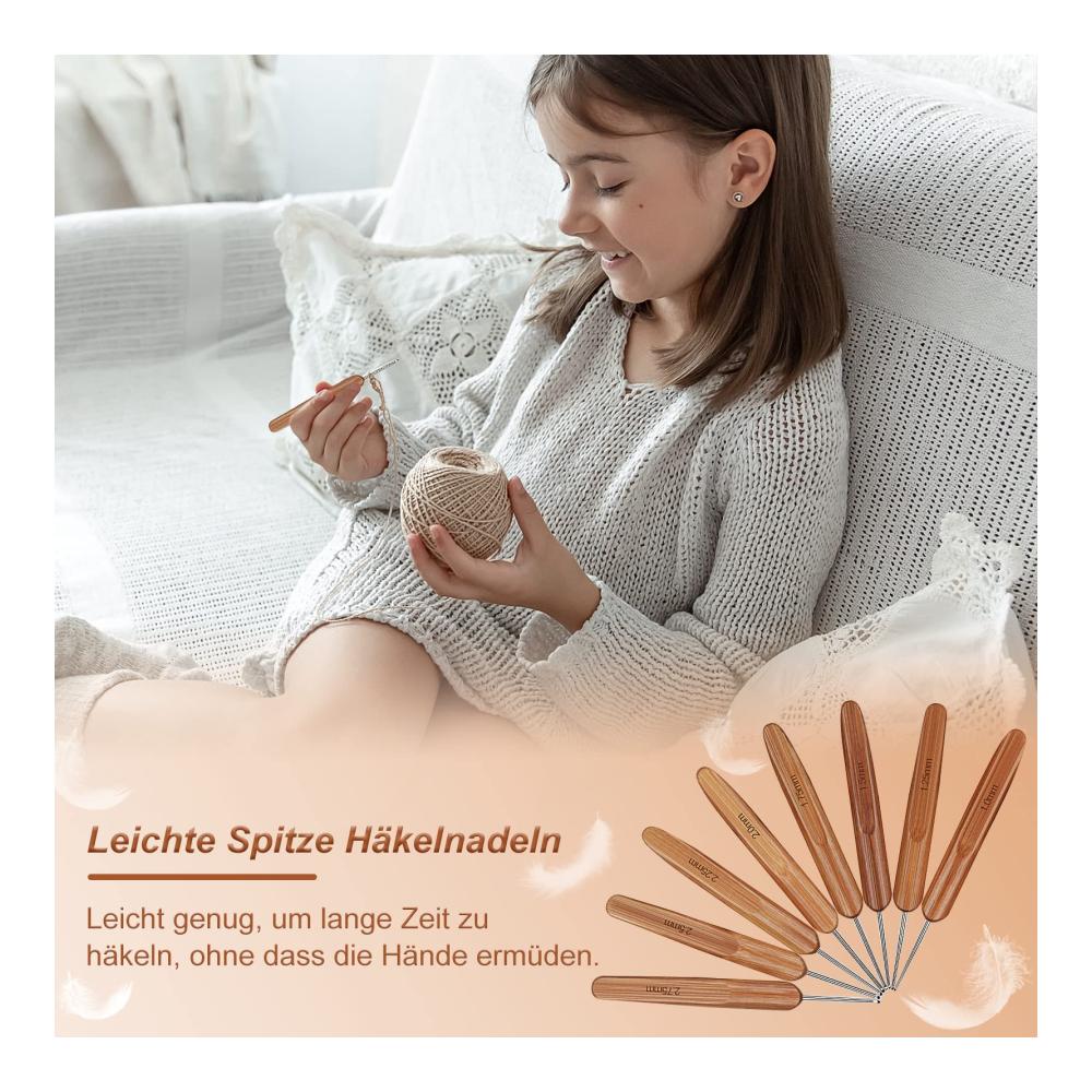 Aeelike Häkelnadeln Set aus Bambus - Leichtgewichtige Dünnhäkelnadeln für Arthritiker - Inklusive Edelstahlhäkelnadeln von 1.0 bis 2.75 mm - Perfekt für Feine DIY Projekte Spitzenstricken und Perlenaufziehen