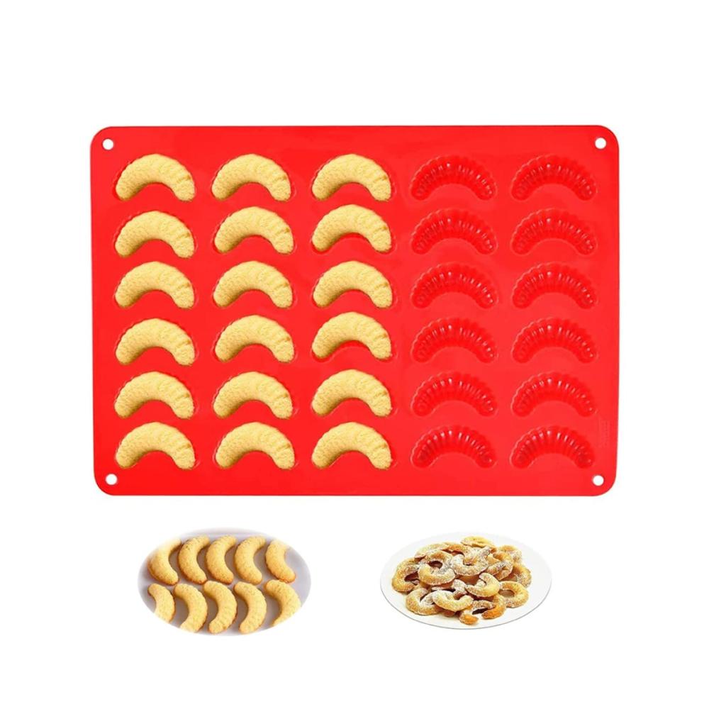 Premium Backformset Mini Croissant Silikonform mit 30 Hohlräumen für Mini-Kuchen Gelee Schokolade & Süßigkeiten - Perfekt für Croissants & Eiswürfel - Backspaß in Rot (25x35cm