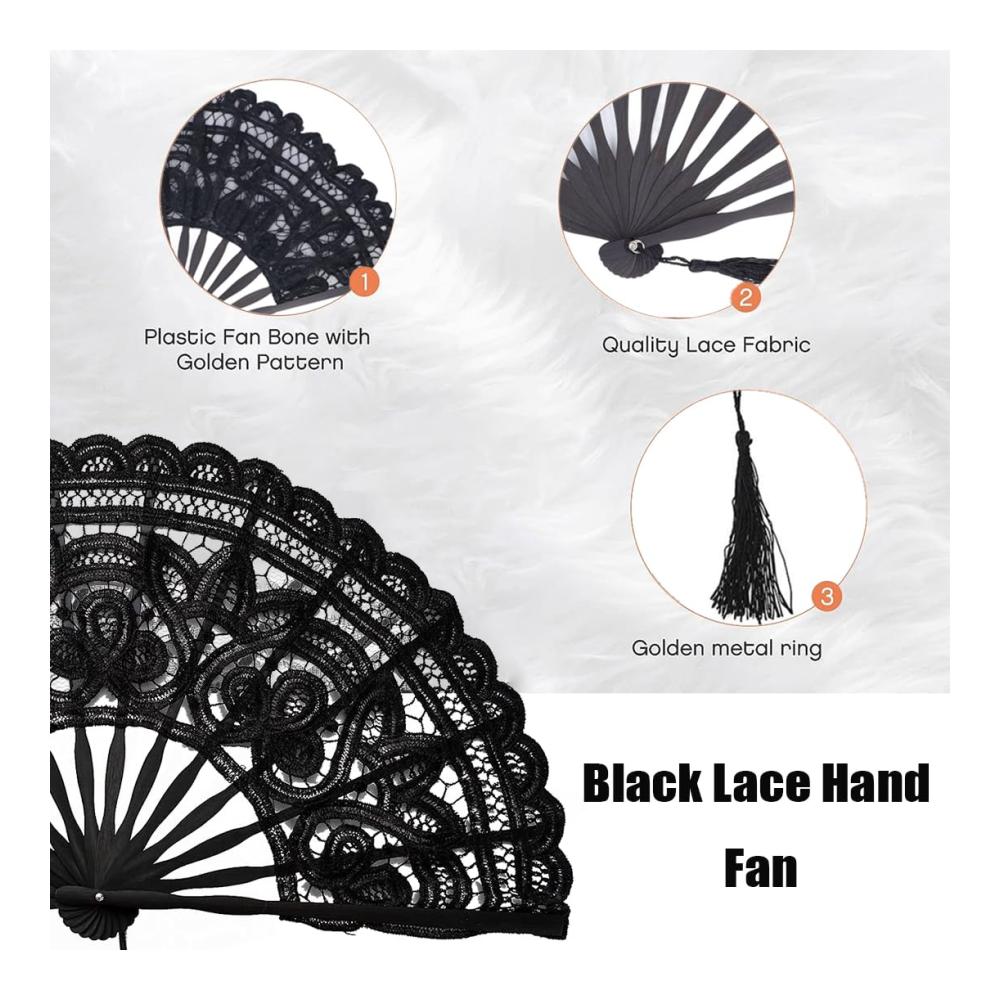 Eleganter Handfächer für Zeremonien Schwarzer Spitzenfächer mit Quasten - Perfekt für Hochzeiten Partys und Tanz - stilvolle Braut- und Herrenaccessoires - Handheld Faltventilator aus Stoff - 27cm
