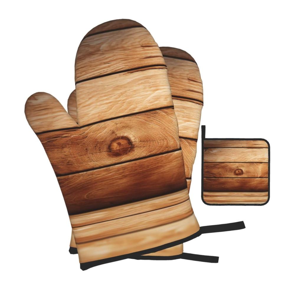 Premium Ofenhandschuhe und Topflappen aus hitzebeständigem Holz - 3er Set wasserdicht bedruckt Braun | Mit praktischer Aufhängeschlaufe | Ideales Küchenaccessoire für
