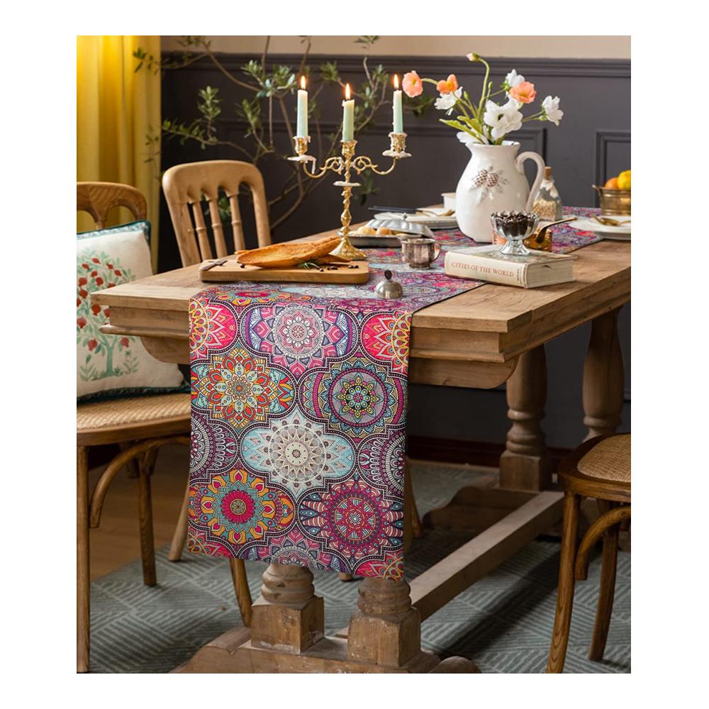 Boho Chic Exklusiver Leinen Tischläufer in Vintage-Optik - Bunter Hingucker für Tischdeko bei Hochzeit Party & Bankett - Marokkanisches Mandala Design - Ideales Geschenk für stilvolles Wohnambiente 33 x 183cm