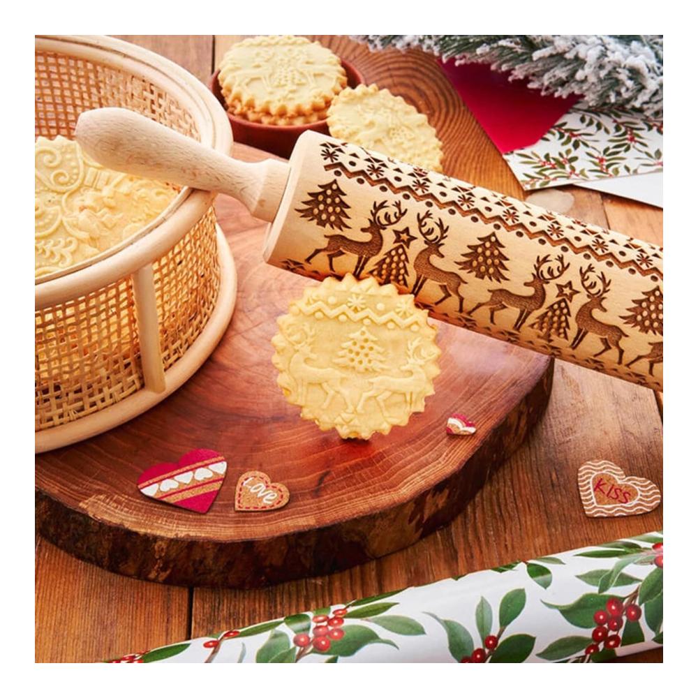 Holen Sie sich den festlichen Teigspaß! Teigroller Weihnachten - Buche Geschnitztes Nudelholz mit Weihnachtsmustern - DIY Backzubehör für die Feiertage - Ideales Geschenk für Backliebhaber