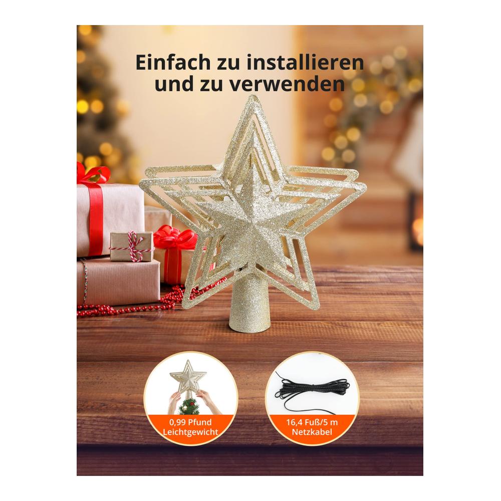 Erleuchten Sie Ihre Weihnachtszeit mit einem Stern! Goldener LED-Schneeflocken-Projektor für den Weihnachtsbaum. Top Spitzenqualität 180° drehbare Musterprojektion. Perfekter Christbaumspitze Weihnachtsschmuck