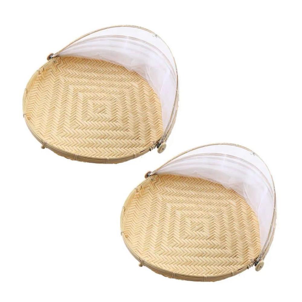 2er Set Brotkästen aus handgewebtem Naturbambus mit Mesh-Abdeckung - Ideal für Draußen Partys und Picknicks - 42cm