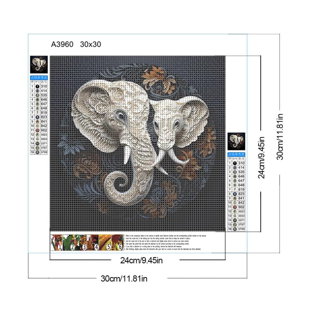 Kreatives DIY-Glasmalerei-Set 5D Diamantgemälde - Weiße Elefant-Reliefs im runden Bohrer-Stil für Heimdekoration - 30 x 30 cm