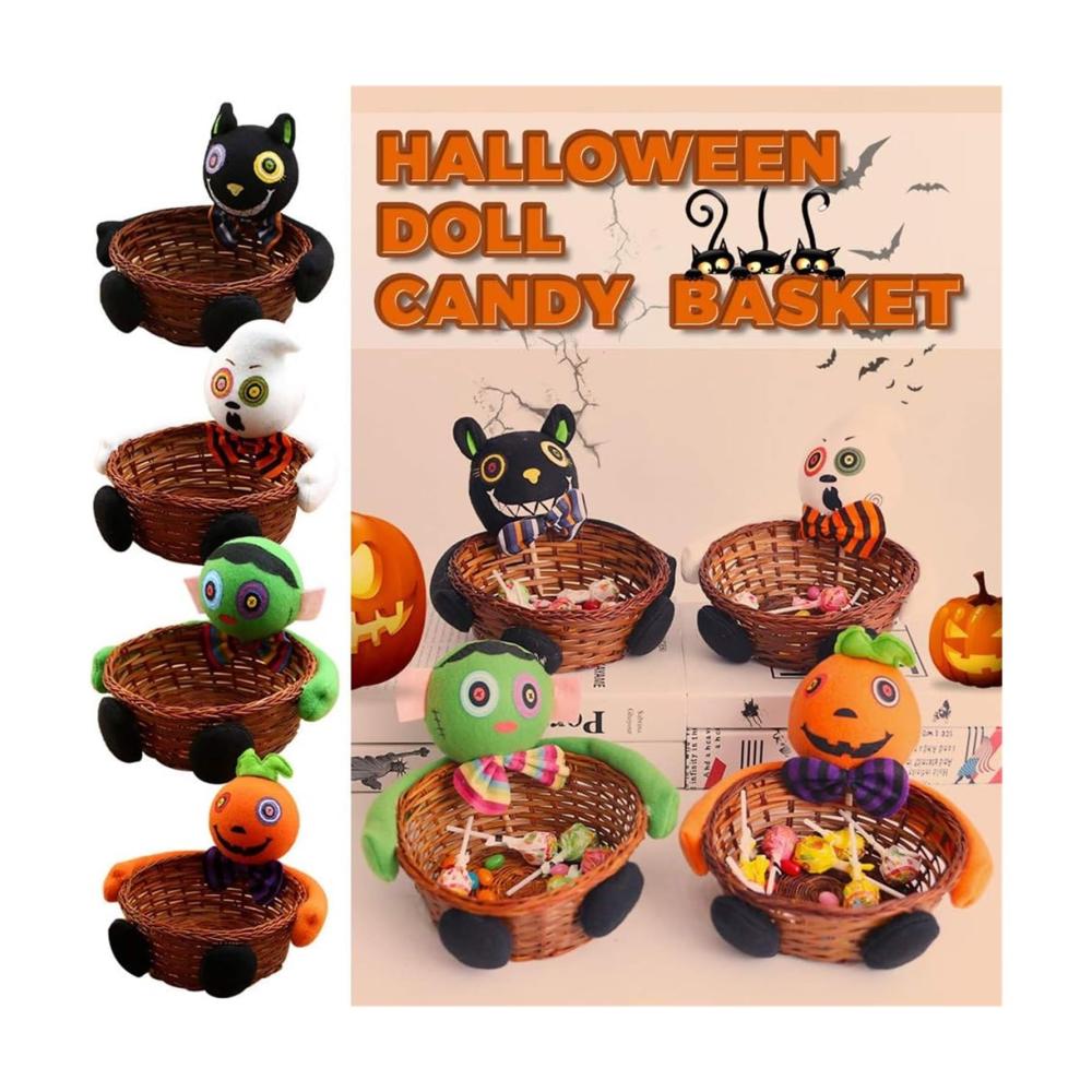 Handgewebter Bonbonservierer für Halloween Spukhafte Puppe als Obstschale & Süßigkeitenkorb - Dekorative Schale für Feiertagspartys & Tischdekoration - 4er Pack