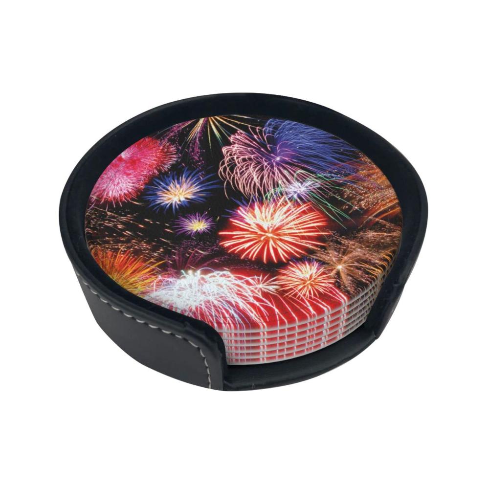 Exklusive Leder Untersetzer Set 6 Stück mit faszinierendem Feuerwerk-Design | Hochwertige runde Getränkeuntersetzer für Zuhause und Büro | Stilvoller Schutz für Ihre Oberflächen