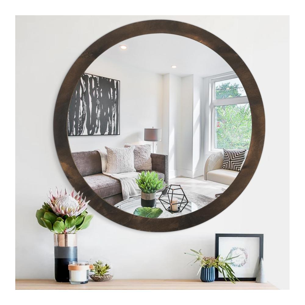Dekorativer rustikaler Wandspiegel 50cm - Runder Holzrahmen - Bauernhausstil für Bad Wohnzimmer & Schlafzimmer - Wandmontage - Vintage-Hängespiegel - Braun