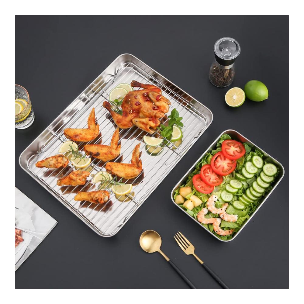 Premium Edelstahl Backbleche Set - Rechteckiges Backblech mit Abkühlgitter - 31×24×5 cm Antihaft Ofenform - Ideale Fettpfanne für Keks Kuchen und mehr - Backbleche für Ofen Grill und Kühlung