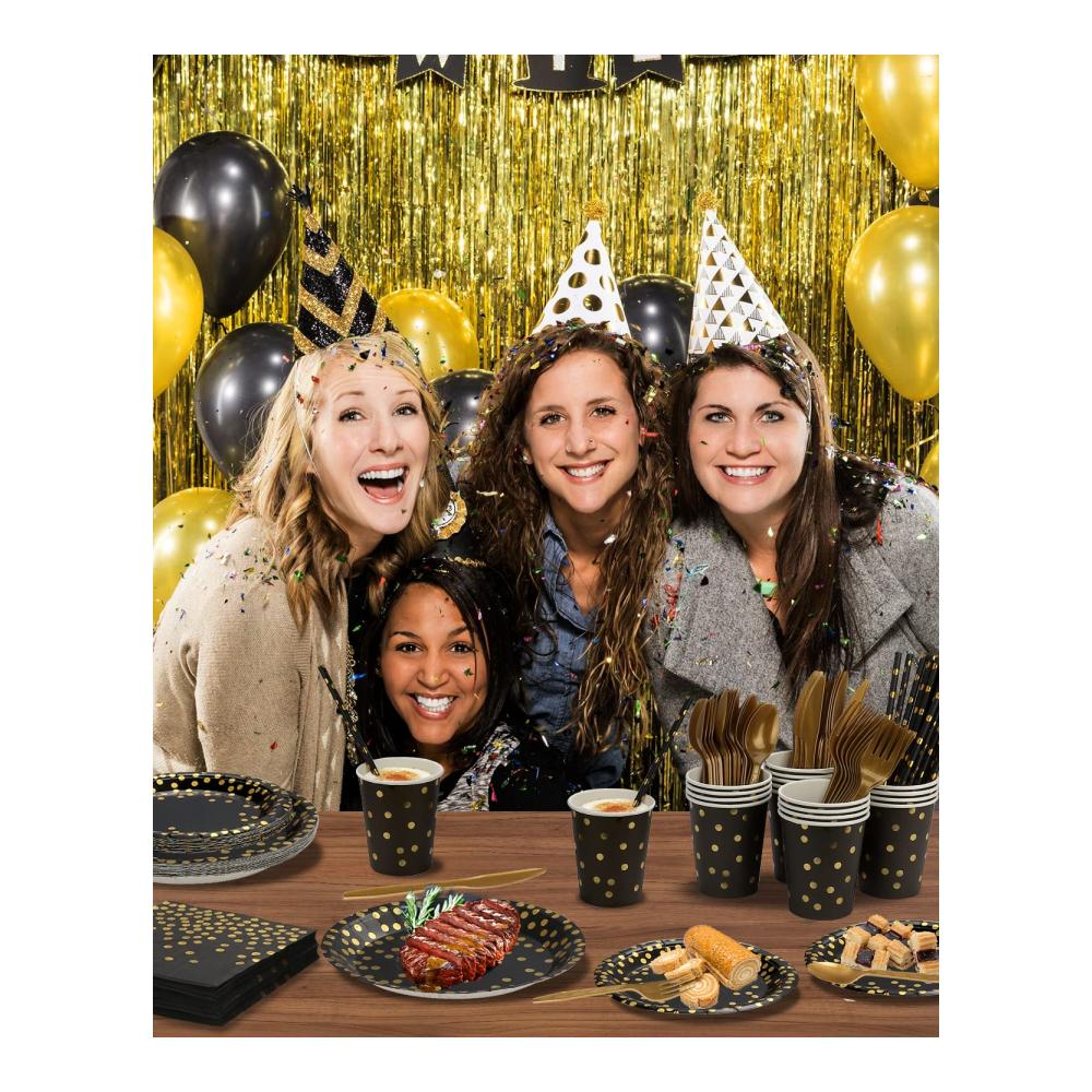 160-teiliges Elegantes Teller-Set in Schwarz & Gold für 20 Gäste - Perfekt für Geburtstage Hochzeiten & Jubiläen - Wiederverwendbare Pappteller Pappbecher Servietten & Strohhalme - Luxuriöses Partygeschirr