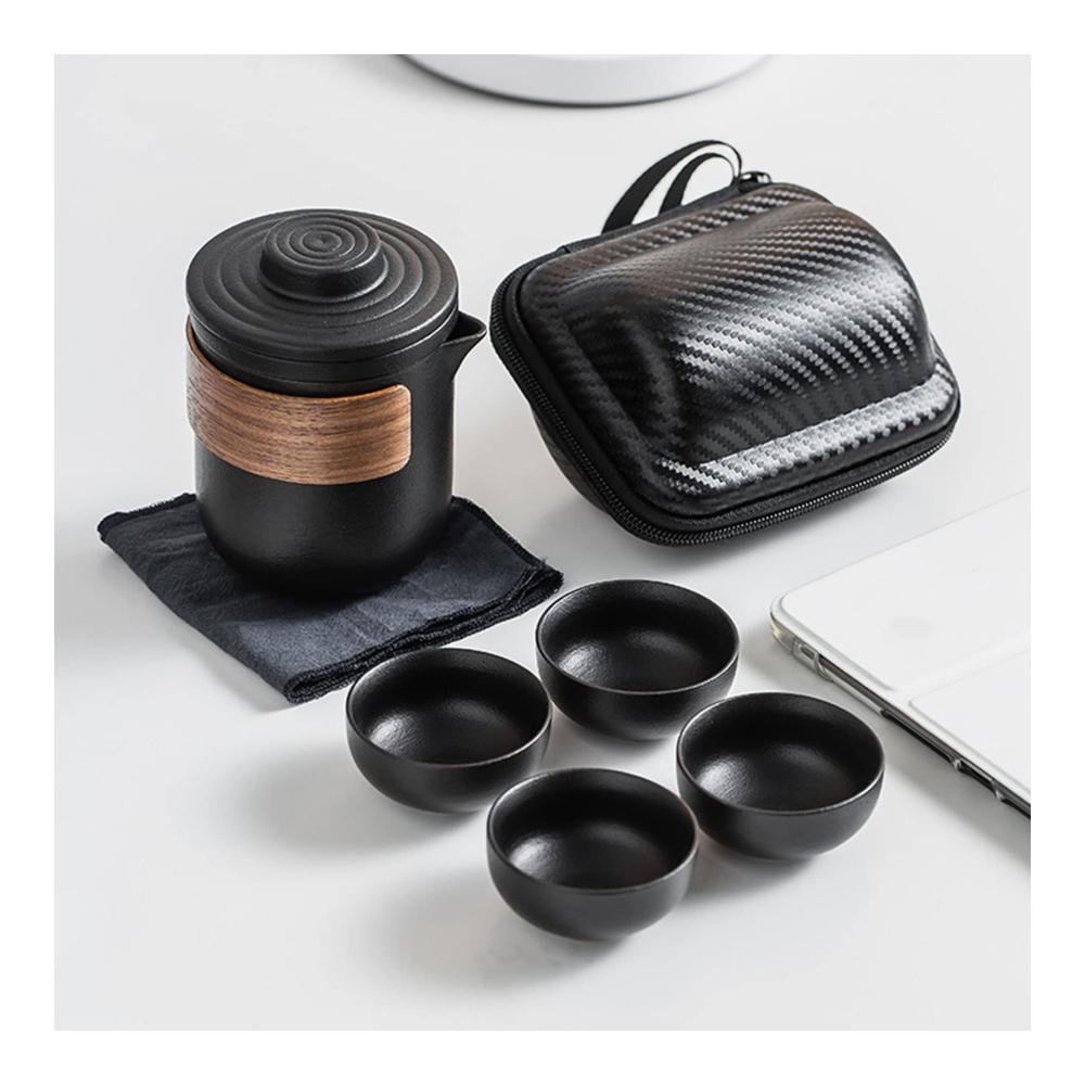 Entdecken Sie unterwegs den Genuss Tragbares Anti-Brenn-Mini-Teeservice aus Keramik - Perfekt für Outdoor-Teegenuss! Inklusive Tee-Ei-Set und Aufbewahrungstasche. Ideales Reise-Teeset mit Schwarzem Topf und 4 Tassen für unterwegs