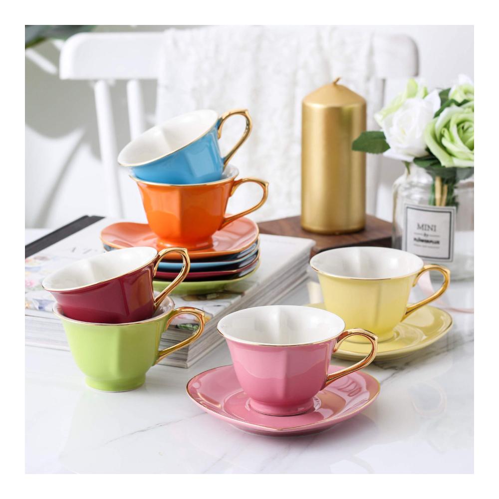 Exklusives Porzellan Kaffeeservice Set – 12-teiliges Kaffeebecher Set in buntem Herz-Design mit 6 Tassen & Untertassen – Perfekt für Kaffeegenuss zu Hause