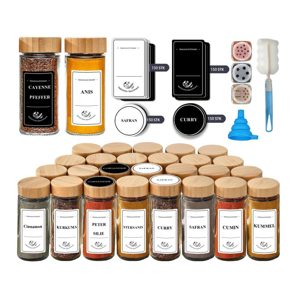 Entdecken Sie die Eleganz der Danillous Gewürzgläser! 24 stilvolle Rundgläser mit Bambusdeckel Streueinsatz und vorgedruckten Etiketten. Schwarze und weiße Aufkleber für 180 Gewürznamen. Inklusive Silikontrichter für müheloses Befüllen. Organisieren Sie Ihre Küche mit Stil
