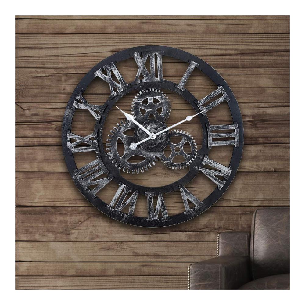 Vintage Industrial Wanduhr – Rustikale 3D Mechanische Uhr mit Römischen Ziffern – Dekorative Steampunk Uhr für Wohnzimmer und Büro – Geräuschloser Quarzmechanismus – 45cm Durchmesser
