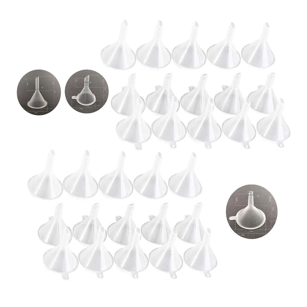 Premium Mini Trichter Set - 30 Stück 3 Größen transparente Kunststoff-Trichter für Parfüm Marmelade Öl und Kosmetikproben - Praktisches Laborzubehör