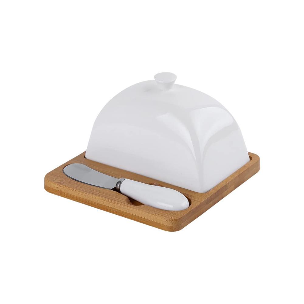 Erfrischendes Design Keramik Butterdose mit Holzdeckel für Käse & Desserts | Porzellan Behälter für hausgemachte Butter | Inklusive praktischem Messer | Attraktive Butterbox