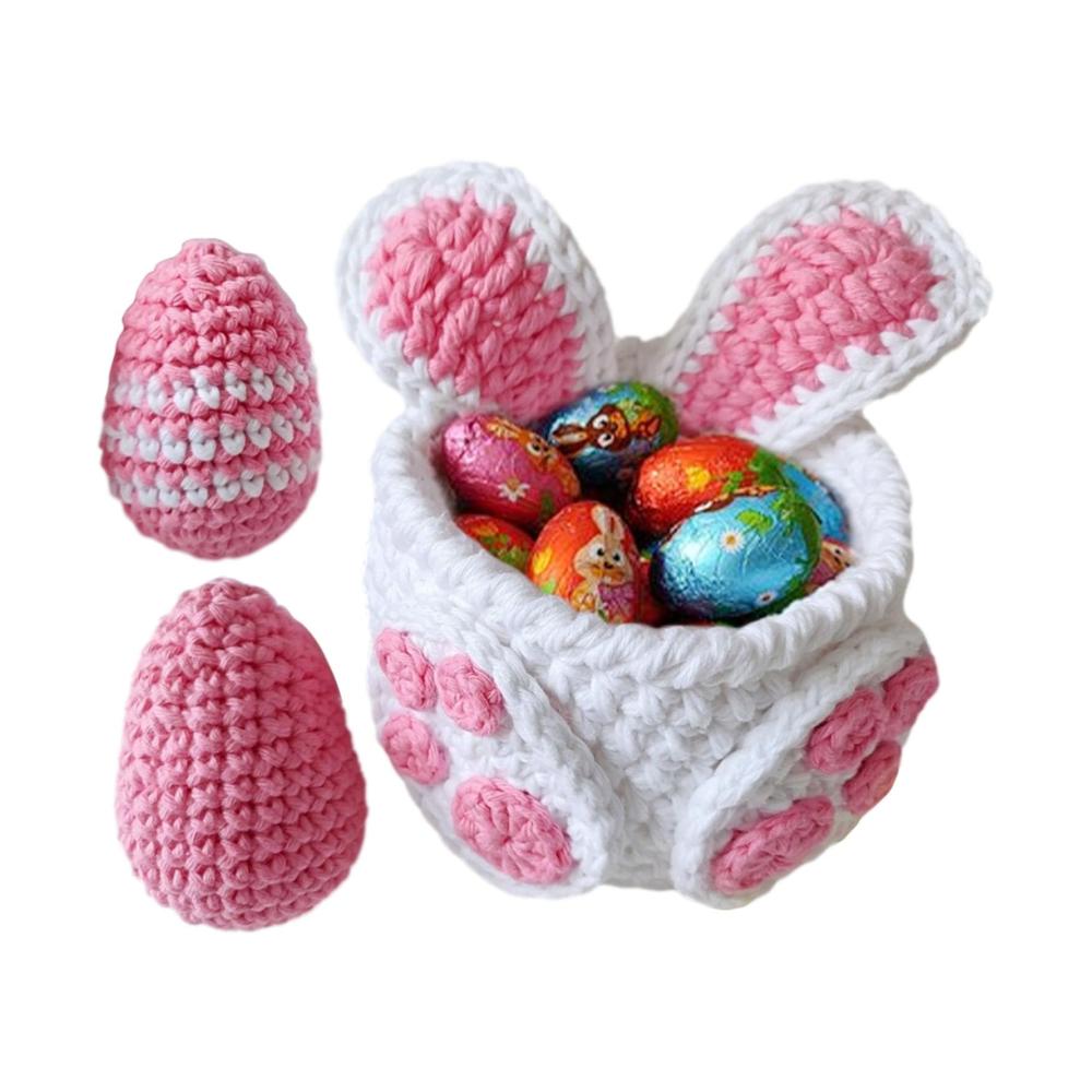 Stanzverzierungen Osterkörbe für Kinder | Kaninchen-Osterkorb mit Häkeleiern | Gehäkelter Osterhasenkorb | Frohe Ostern Dekorationen | Bunte Eier Hasen Geschenkboxen | Süßigkeitentüten inklusive