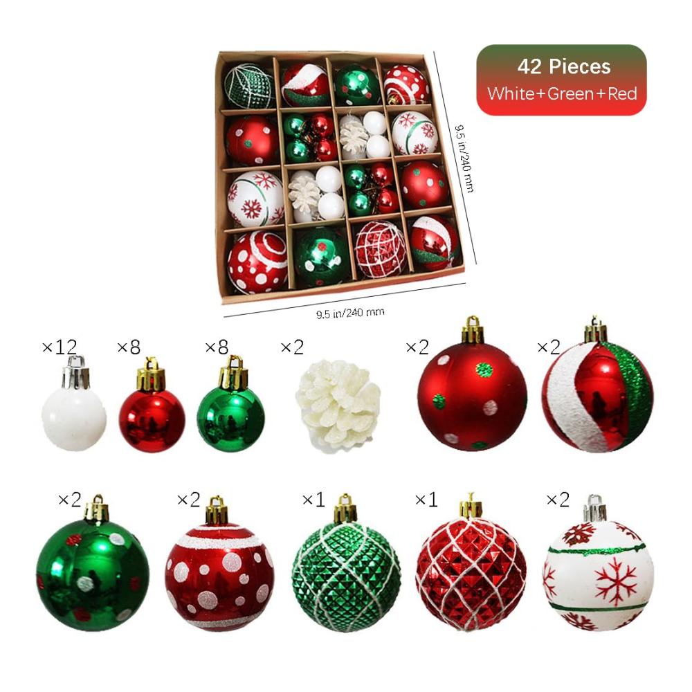 Bruchsichere Weihnachtskugeln - 42er Set Christbaumkugeln 3/6cm mit Kiefernzapfen Ornamenten für festlichen Weihnachtsbaum - Bedruckte Deko-Kugeln in Rot/Grün/Weiß