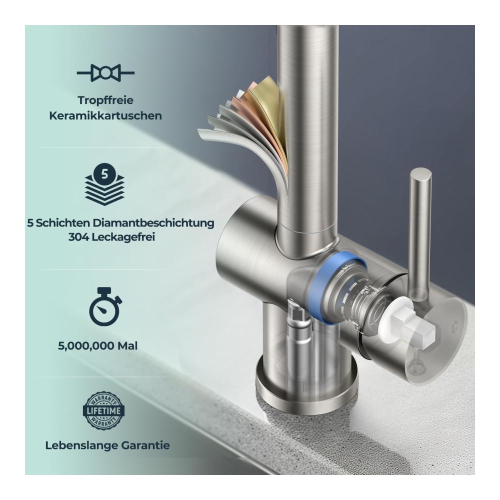 Wasserhahnfilter für Küchenwaschbecken | Edelstahl Armatur mit herausziehbarer Brause | 360° drehbarer Einhandgriff | Sauberes Wasser leicht gemacht