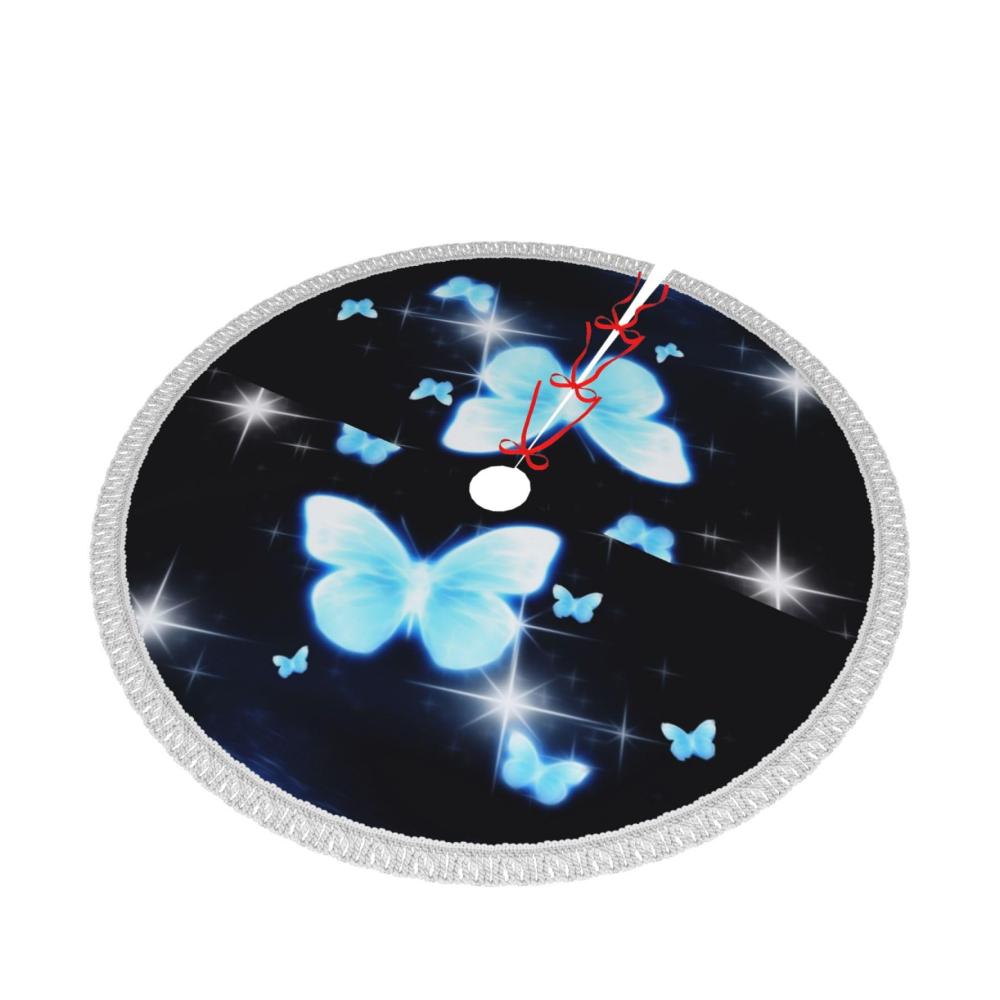 Personalisierte Weihnachtsbaumdecke für drinnen und draußen – Verdickte Weihnachtsbaummatte mit blauem Schmetterlingsmuster – Ideal für Zuhause Partys und Feiertagsdekorationen
