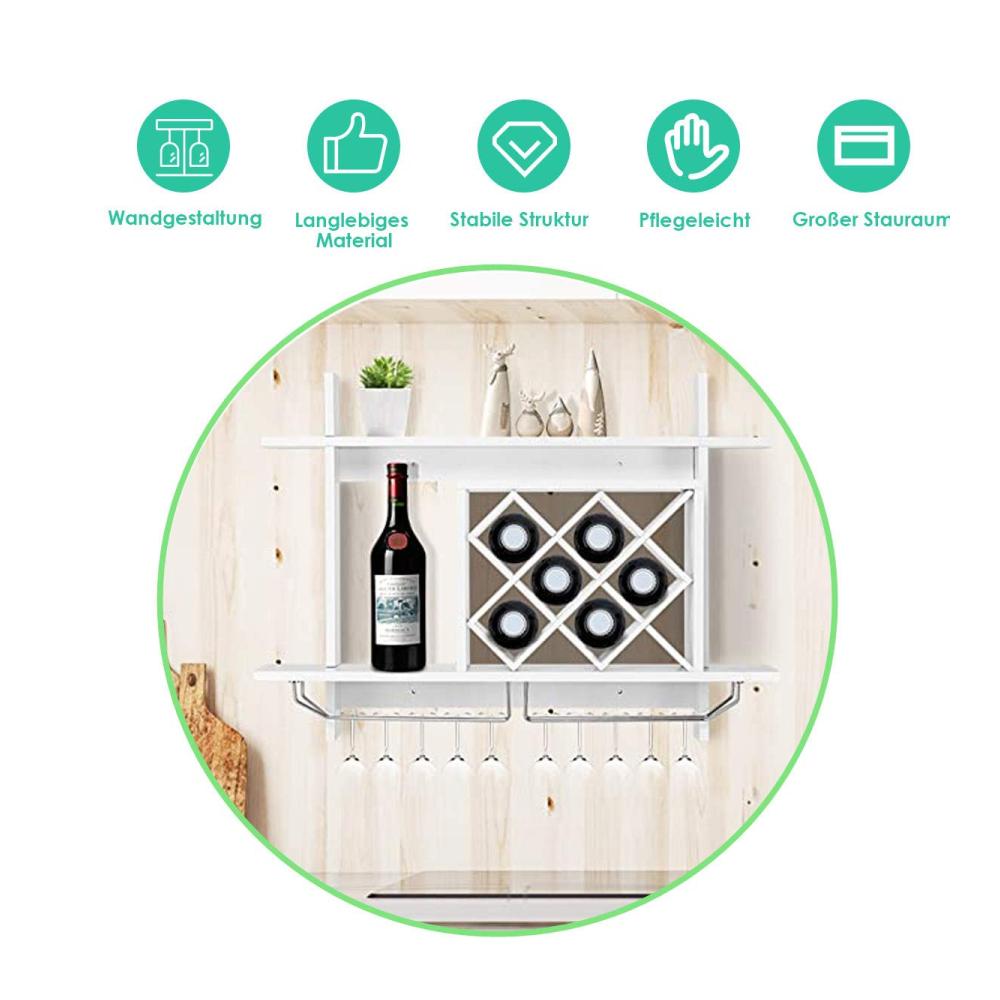 Entdecken Sie Eleganz Weinregal Holz Flaschenregal mit Weinglashalter - Stilvoller Weinständer für 6 Weinflaschen - Schweberegal für Esszimmer Küche Wohnzimmer & Kaffeestube - Platzsparendes Hängeregal zur Wandmontage in Weiß. Organisieren Sie Ihren Wein stilvoll