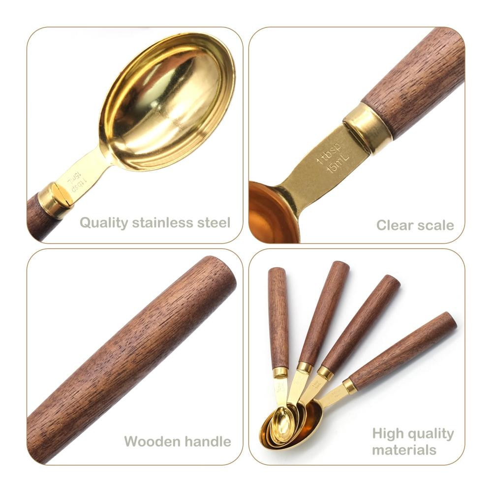 Entdecken Sie unsere hochwertigen 4-teiligen Messlöffelsets mit eleganten Holzgriffen für präzises Backen und Kochen - Ein Must-Have für Ihre Küche