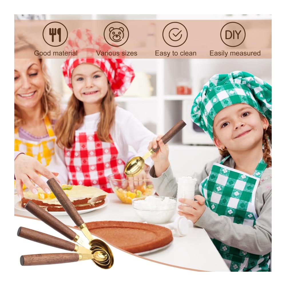 Entdecken Sie unsere hochwertigen 4-teiligen Messlöffelsets mit eleganten Holzgriffen für präzises Backen und Kochen - Ein Must-Have für Ihre Küche