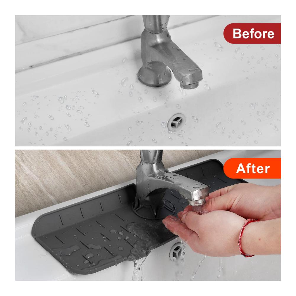 Erleben Sie KeautFair Qualität Premium Silikon Spritzschutz für Küchenarmaturen - Wasserhahn absorbierende Matte für Sauberkeit in Heim Bad und Bar. Arbeitsplatte Schutz gegen Spritzer Grau