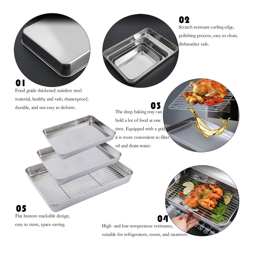 Premium Edelstahl Backbleche Set - Rechteckiges Backblech mit Abkühlgitter - 31×24×5 cm Antihaft Ofenform - Ideale Fettpfanne für Keks Kuchen und mehr - Backbleche für Ofen Grill und Kühlung