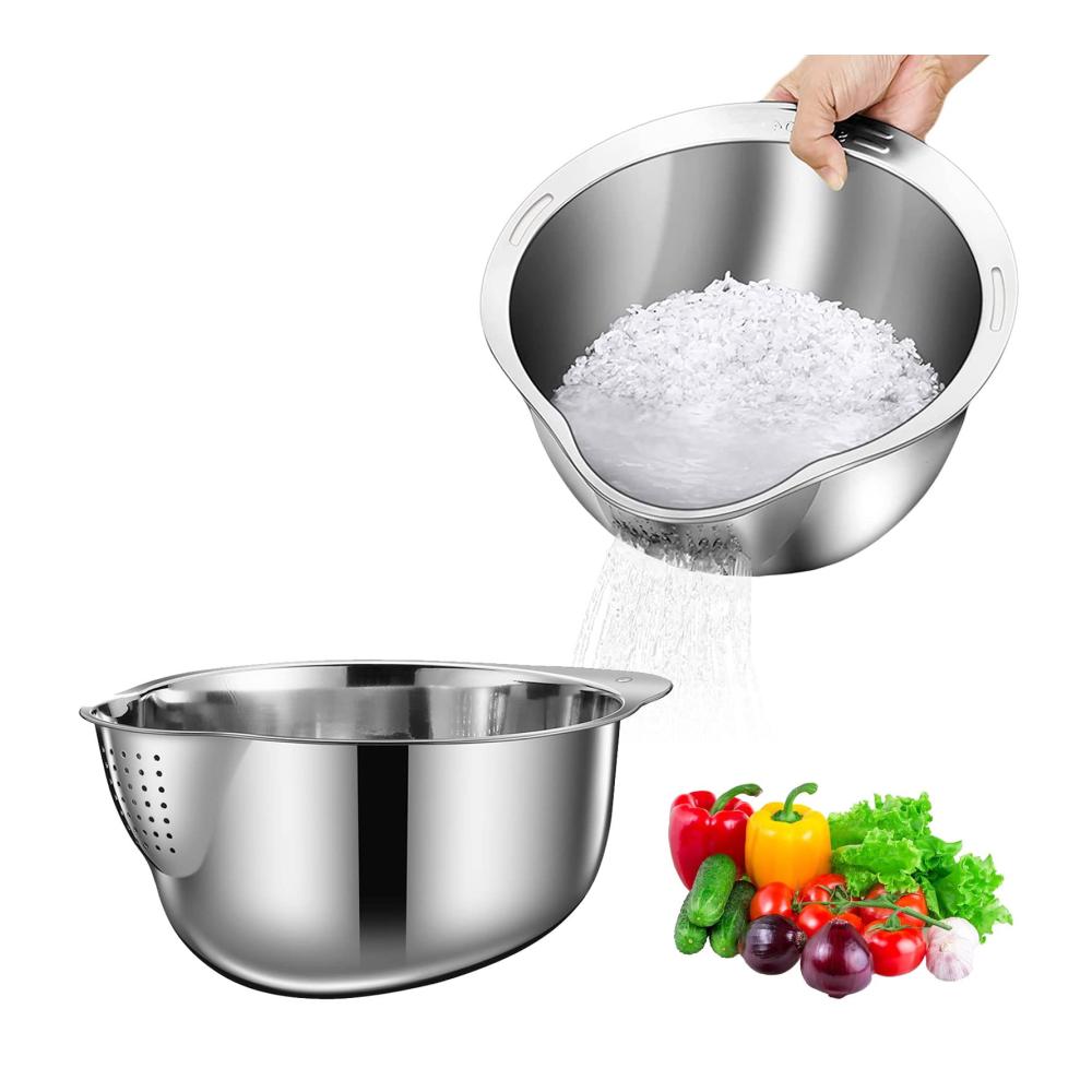 Edelstahl Reis Waschschüssel mit Seitenabfluss | Multifunktionales Sieb für Obst Gemüse & Bohnen | Küchenwerkzeug aus rostfreiem Stahl | Silber