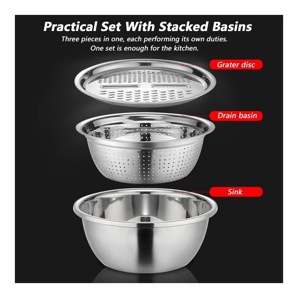 7-teiliges Rührschüssel Set aus Deutschland Multifunktionale Edelstahlbecken mit 3-in-1 Reibe Sieb & Abflusskorb – Ideal für Küche & Backen