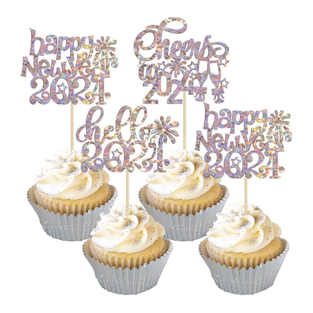 Tortendekorationssets für Silvester 2024 - Glitzernde Cupcake-Topper mit Feuerwerk und Neujahrsgrüßen - Perfekte Partydekorationen für das Feiern bis 2024