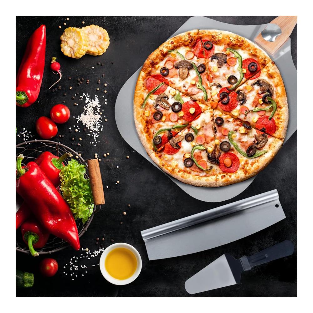 Premium Pizzastein-Set mit Extra Großem Aluminium Pizzaschieber (35.7x30.5cm) Einklappbarem Holzgriff & Pizzamesser - Ideale Pizzaschaufel für Grill & Ofen Perfekt für Große Pizzas