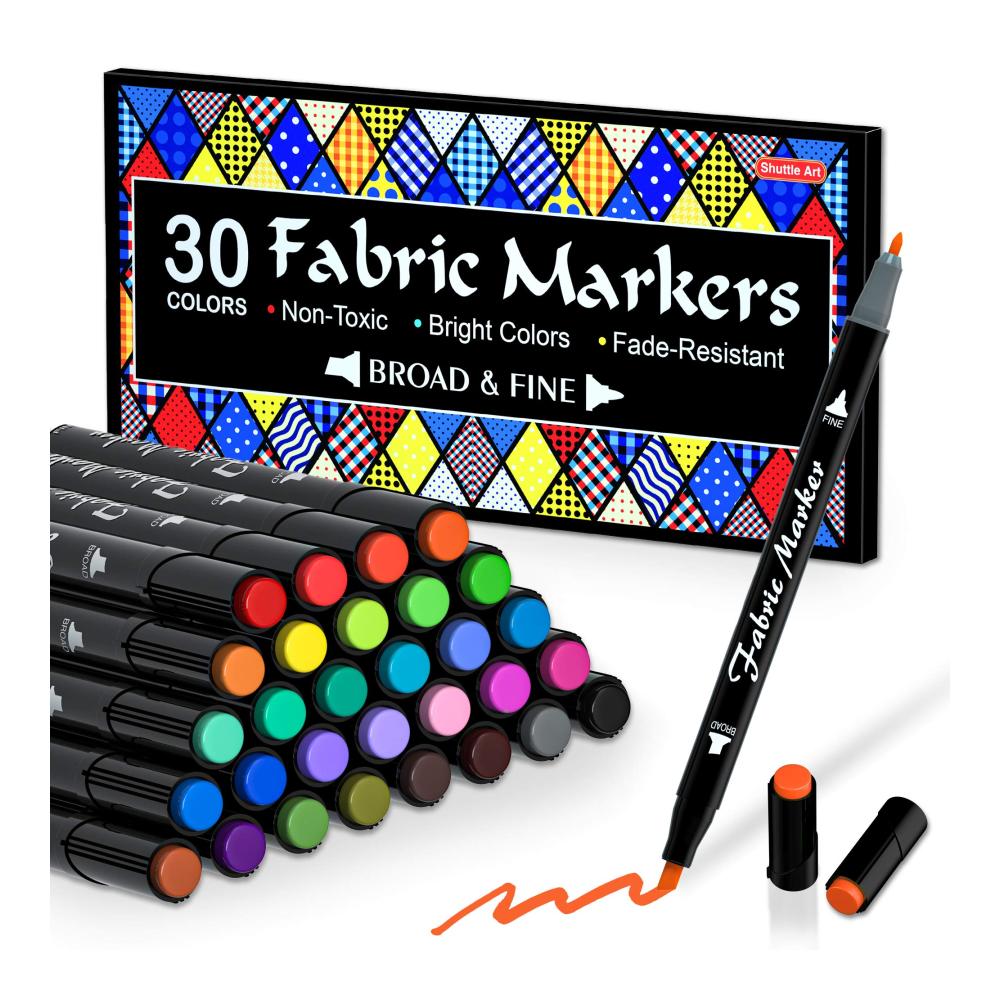 Stoffmalfarben Shuttle Art Textilstifte Set - 30 waschmaschinenfeste Farben Doppelspitzen Textilmarker für T-Shirts Beutel Jeans & mehr - Ungiftig & säurefrei