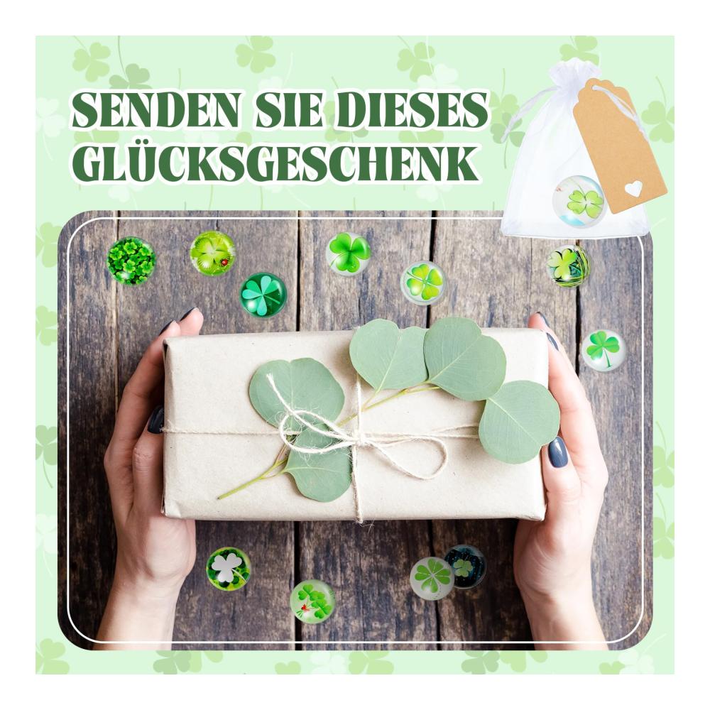 Glücksklee Granulate 24er Set Glückssteine 25mm Bunte Glassteine mit Organzasäckchen und Geschenkanhänger - Perfekte Glücksbringer für jede Gelegenheit