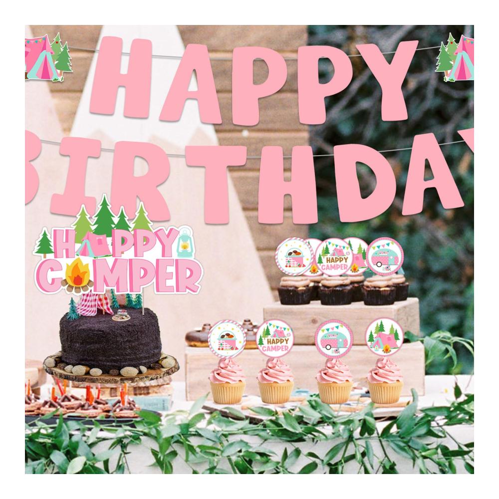 Luftballons Set für Mädchen Geburtstag | Rosa Camper-Thema | Banner Girlande & Kuchenaufsätze inklusive | Camping-Motto Safari Dekorationen für den ultimativen Geburtstagss