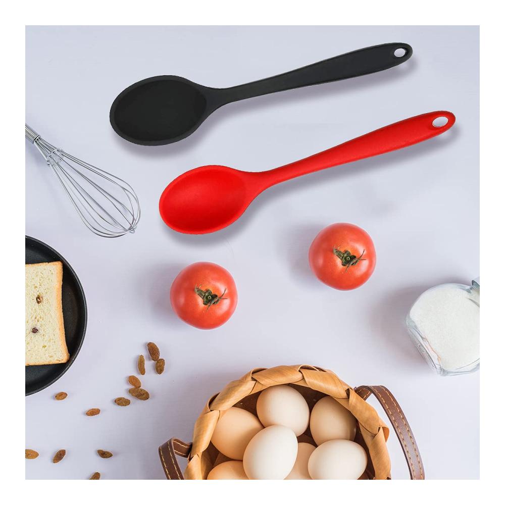 2er Set Silikon Kochlöffel in Rot & Schwarz - Hitzebeständig und Antihaft - Ideal zum Schöpfen Mischen & Rühren in der Küche