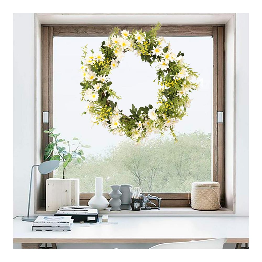 Blühender Gänseblümchenkranz aus Seidenblumen und Grün für Frühling und Sommer – Perfekte Bauernhaus-Dekoration für Fenster und Wände (Gelb 35cm