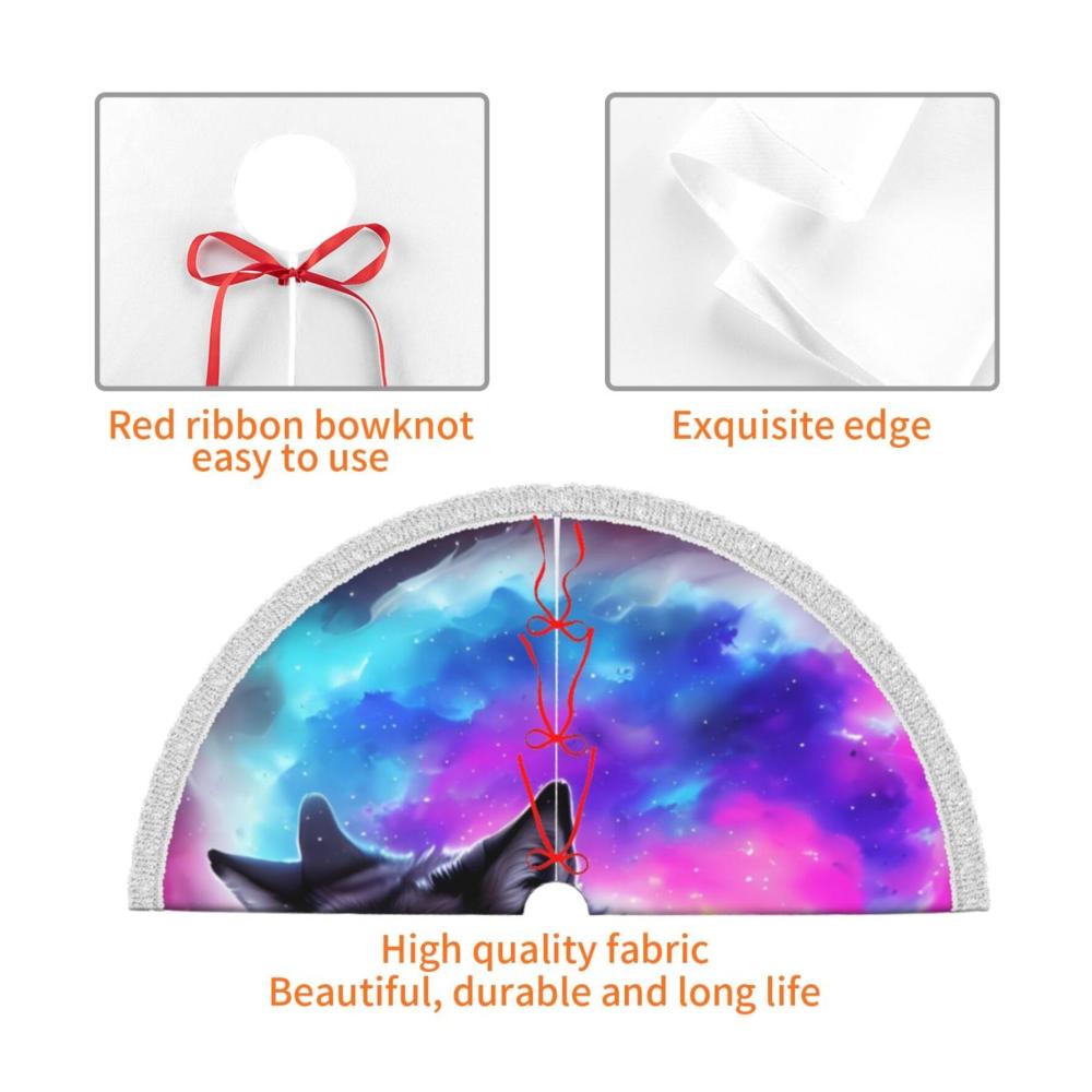 Lila Blau Universum Wolf Weihnachtsbaum Rock mit Quaste 48 Zoll Weihnachtsbaum Matte Abdeckung Bauernhaus Weihnachtsbaum Rock für Xmas Decor Festliche Urlaub Weihnachtsdekorationen | Luxuriöse Weihnachtsbaumständerhüllen für stilvolle Festlichkeit