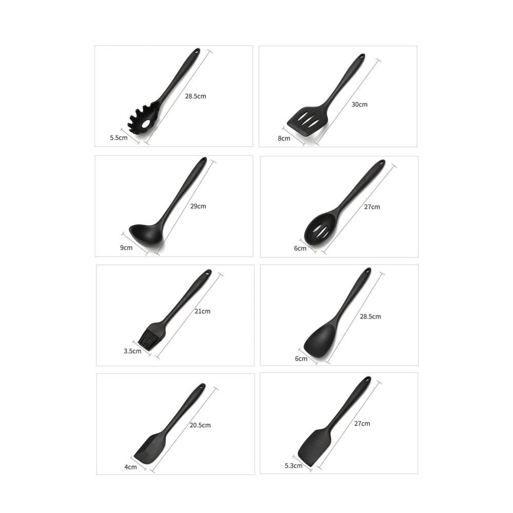 Pfannenwender Set Silikon Schwarz | 5-teiliges Küchenhelfer Set inklusive Schaber Schneebesen Grillzange und Pinsel | Hitzebeständig und Langlebig | Kochutensilien