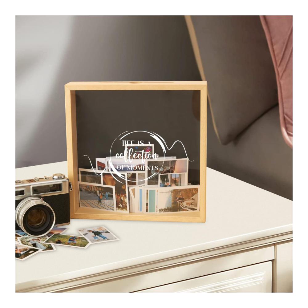 FLXSO Objektrahmen Abenteuer-Archivbox aus Holz | Foto-Sammelbox mit Schlitz | Tragbare Reise-Erinnerungsbox | Erinnerungsvitrine für Hochzeit Jahrestag & Valentinstag