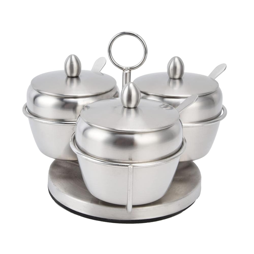 Drehbares Gewürzdosen-Set aus Edelstahl | 3er-Set Gewürzdosen mit praktischem Gestell | Inklusive Deckel und Löffel | Vielseitige Gewürzbehälter für die Küche zu Hause | Attraktive Salz- und Zuckerdose | Stilvolle Aufbewahrungslösung für Dressing- & Gewürzspender